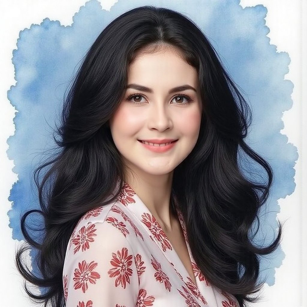 Full long shot a portrait,  stunning Asian woman long voluminous black hair,  small flora and blouse pattern by jusTomat o...