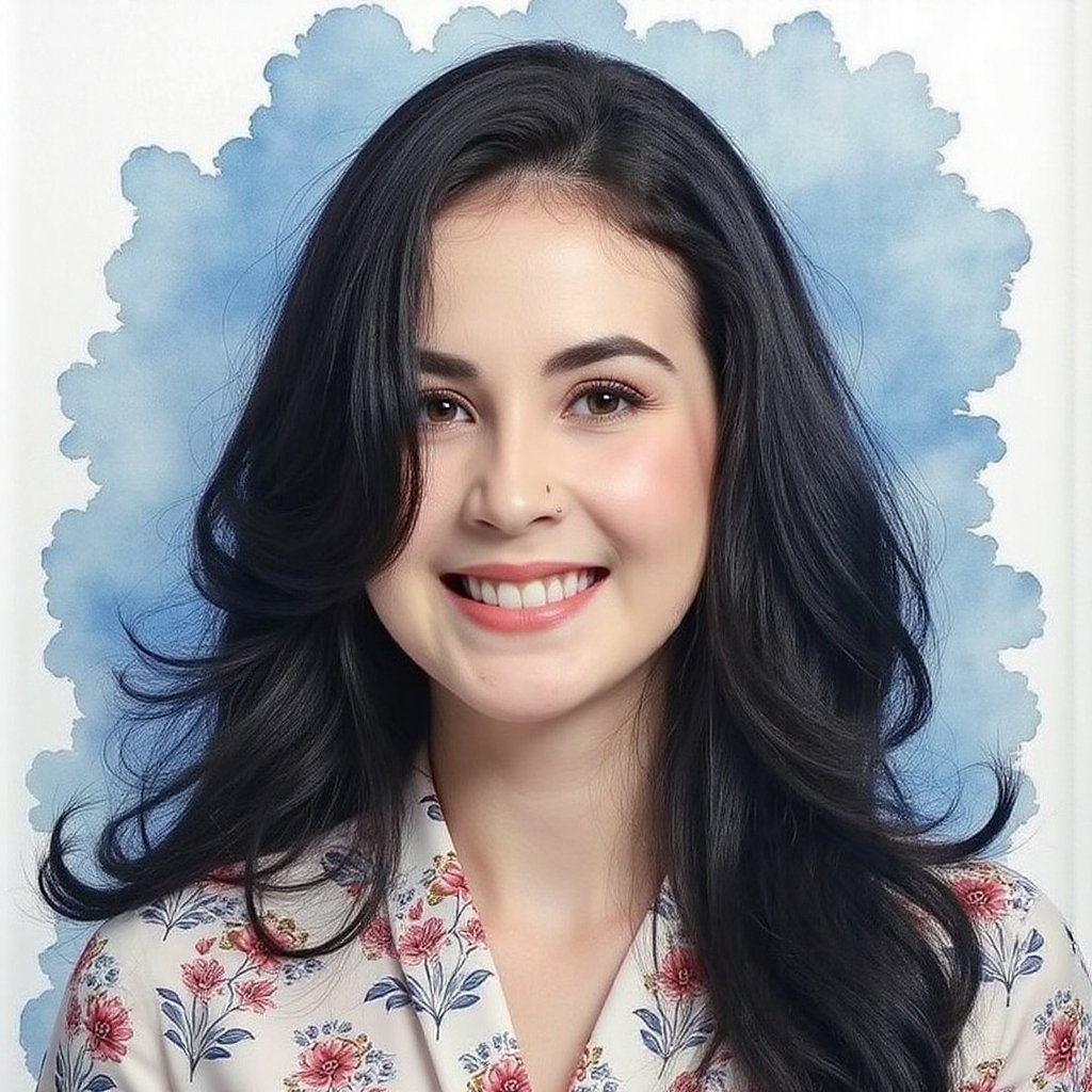 Full long shot a portrait,  stunning Asian woman long voluminous black hair,  small flora and blouse pattern by jusTomat o...