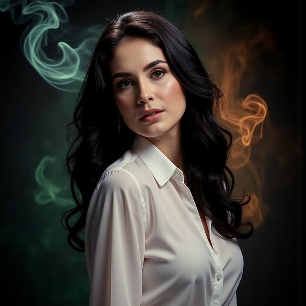 This image is an evocative,  high-definition picture of a breathtaking beautiful model captured in a low-light background....