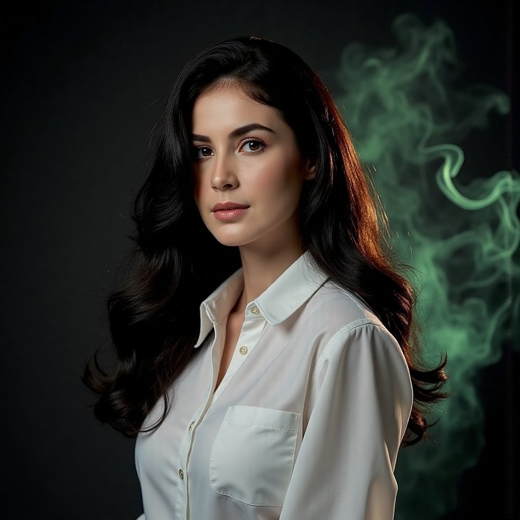 This image is an evocative,  high-definition picture of a breathtaking beautiful model captured in a low-light background....