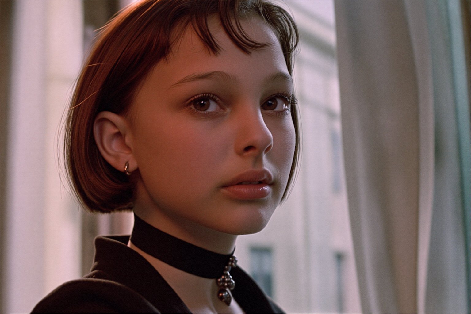Create a cinematic scene featuring Su4kaMathilda,  the girl with short hair,  wearing a choker. by Namian on Tensor.Art