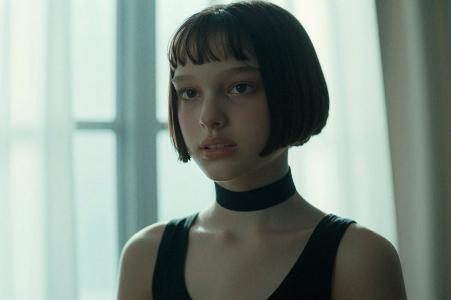 Create a cinematic scene featuring Su4kaMathilda,  the girl with short hair,  wearing a choker. by Namian on Tensor.Art