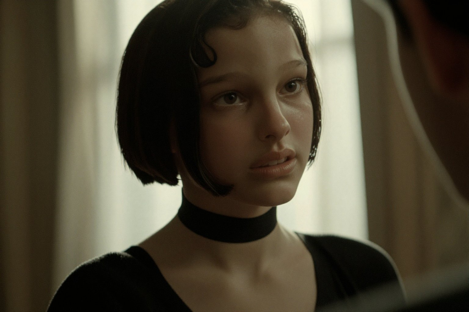 Create a cinematic scene featuring Su4kaMathilda,  the girl with short hair,  wearing a choker. by Namian on Tensor.Art