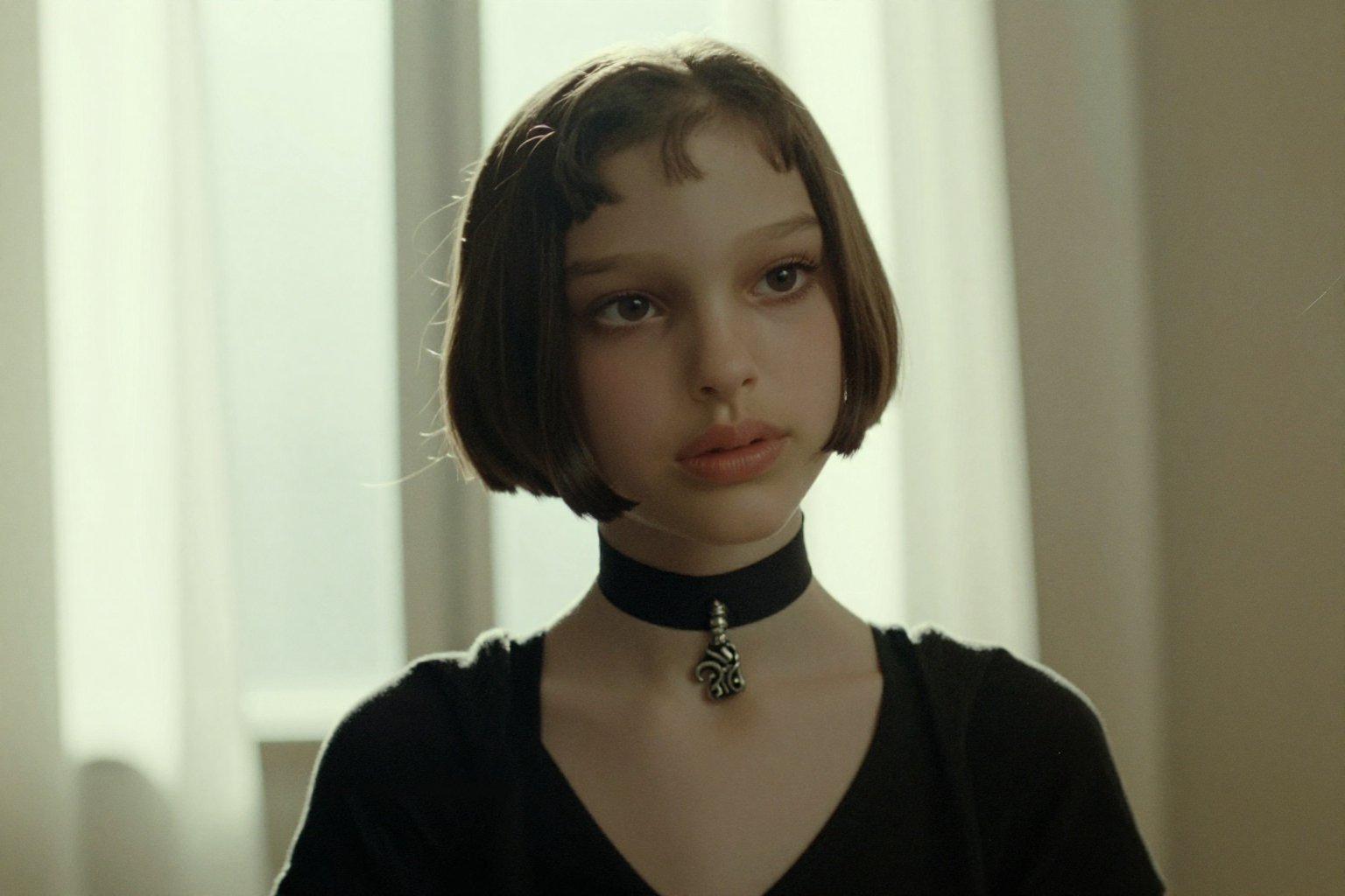 Create a cinematic scene featuring Su4kaMathilda,  the girl with short hair,  wearing a choker. by Namian on Tensor.Art