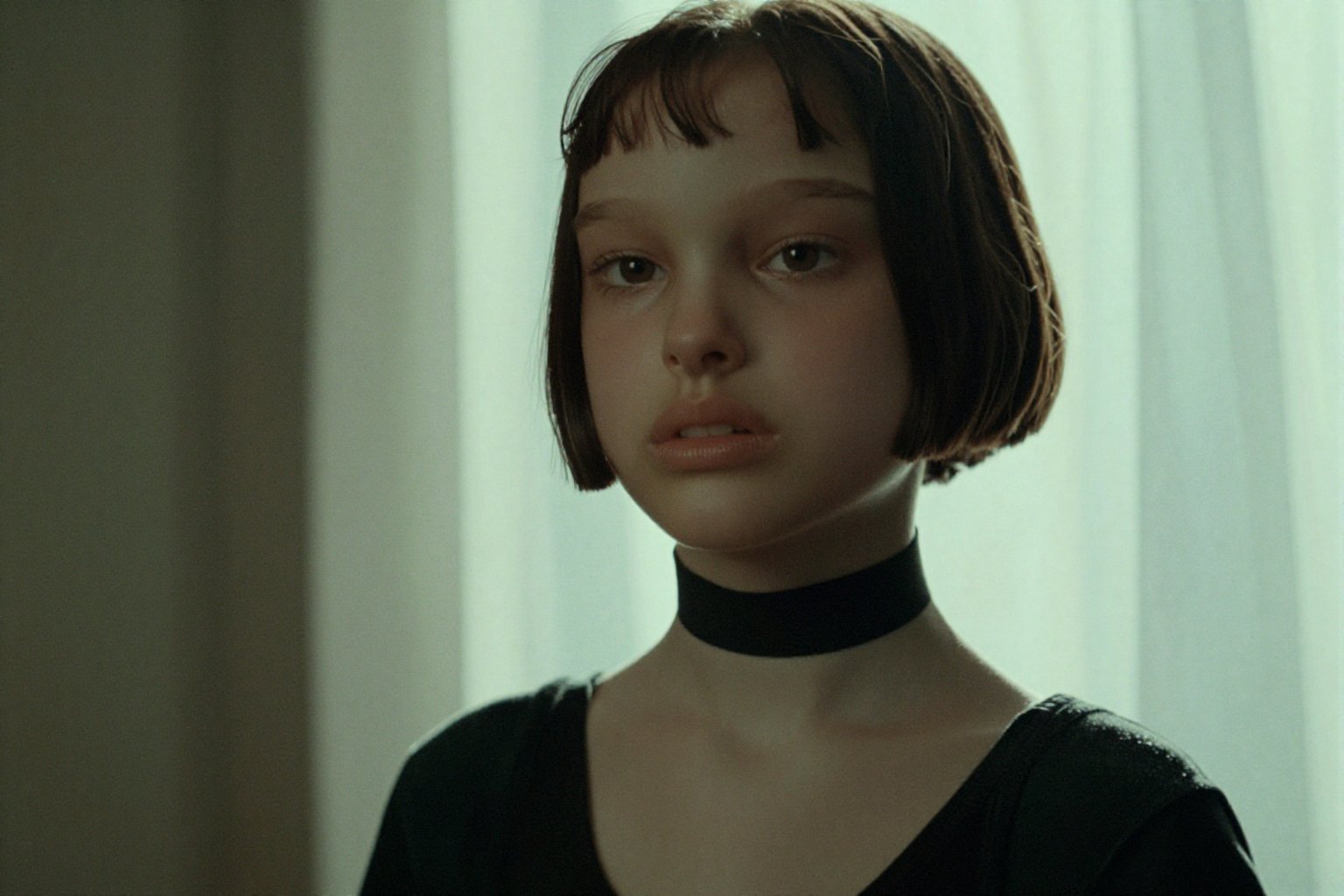 Create a cinematic scene featuring Su4kaMathilda,  the girl with short hair,  wearing a choker. by Namian on Tensor.Art