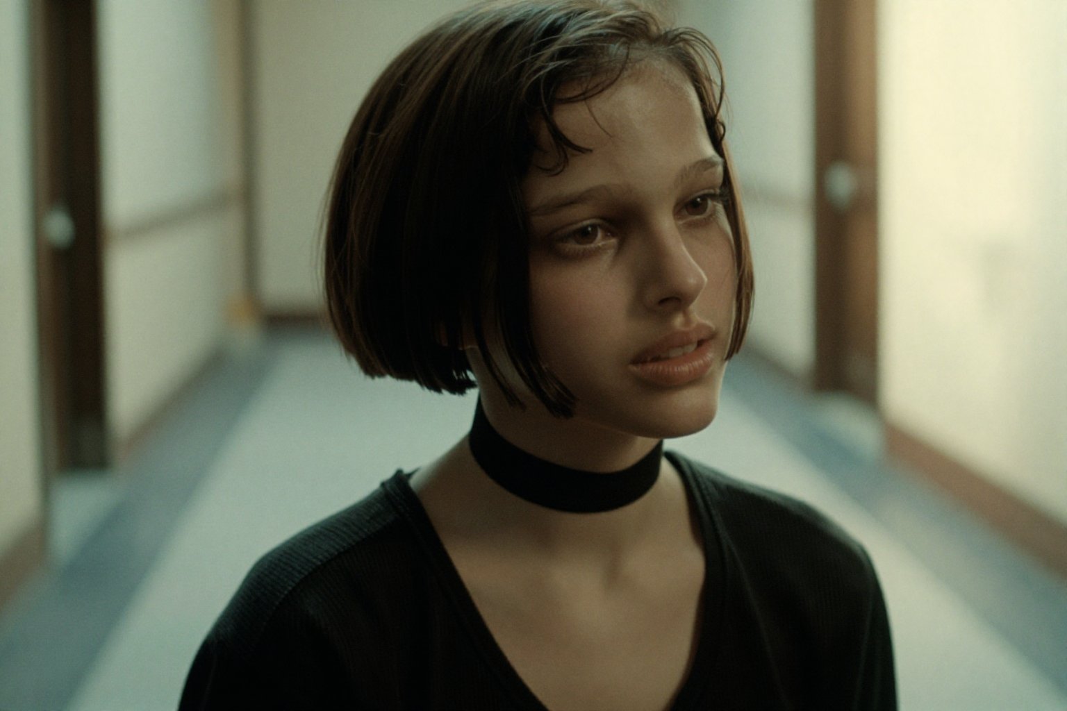 Create a cinematic scene featuring Su4kaMathilda,  the girl with short hair,  wearing a choker. by Namian on Tensor.Art
