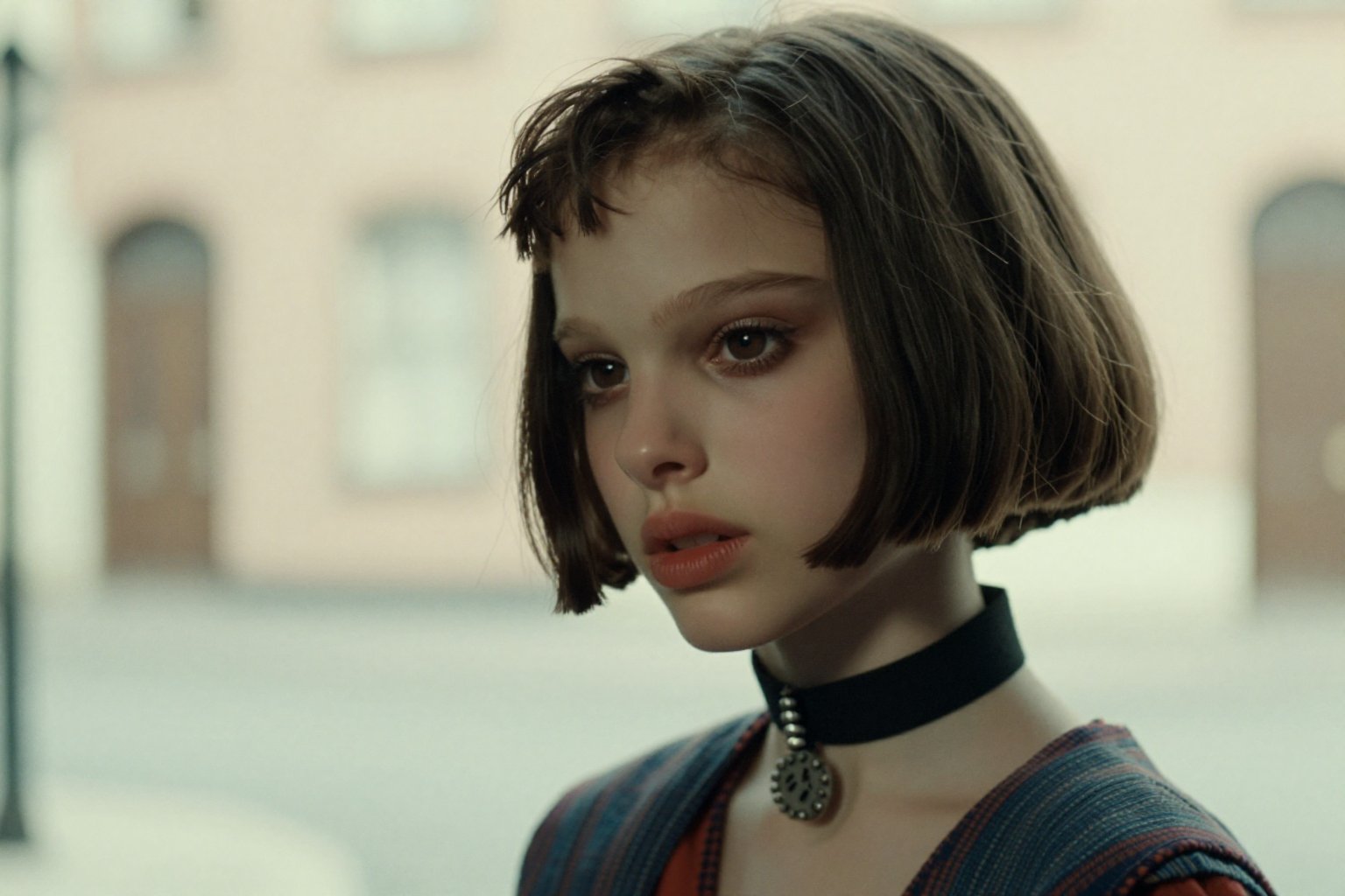 Create a cinematic scene featuring Su4kaMathilda,  the girl with short hair,  wearing a choker. by Namian on Tensor.Art