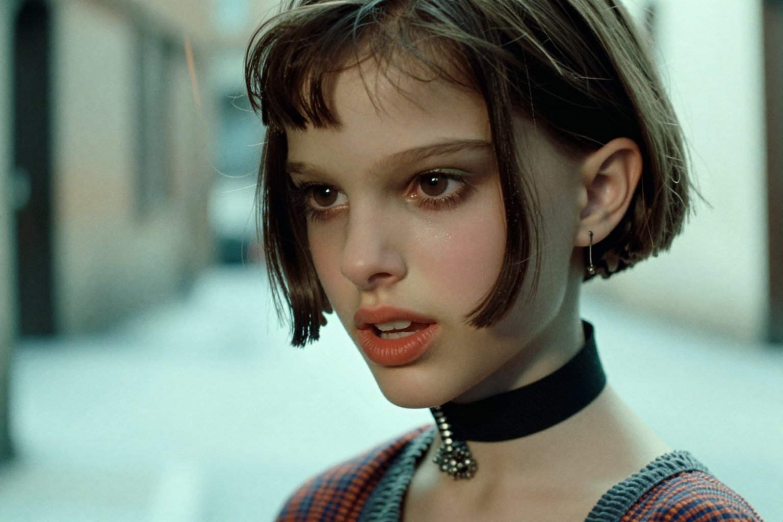 Create a cinematic scene featuring Su4kaMathilda,  the girl with short hair,  wearing a choker. by Namian on Tensor.Art
