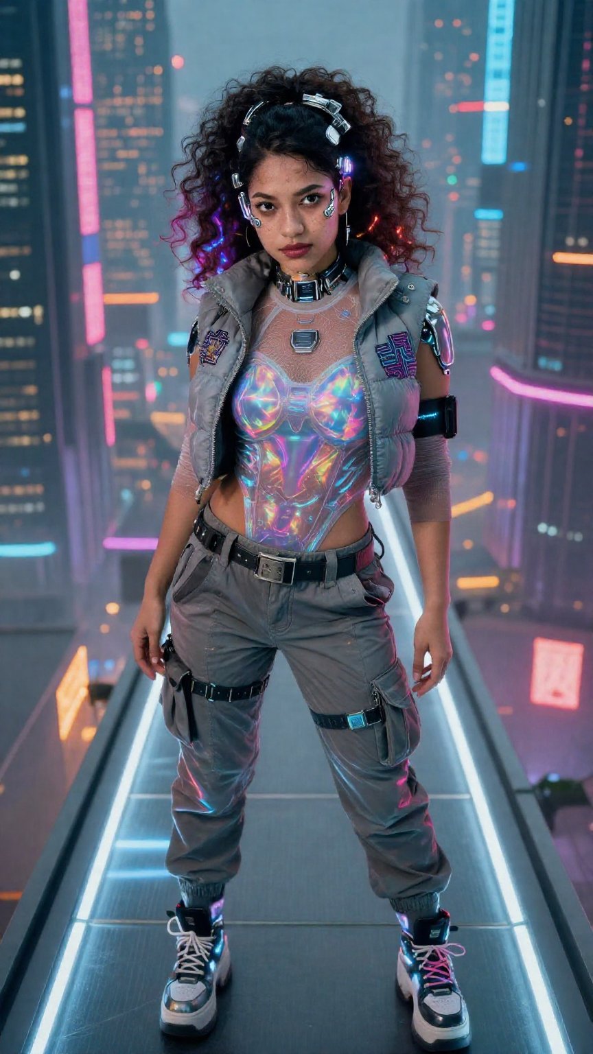 Three-quarter full body portrait of a hyper-realistic beautiful cyberpunk woman in her mid-20s on a glowing skybridge conn...