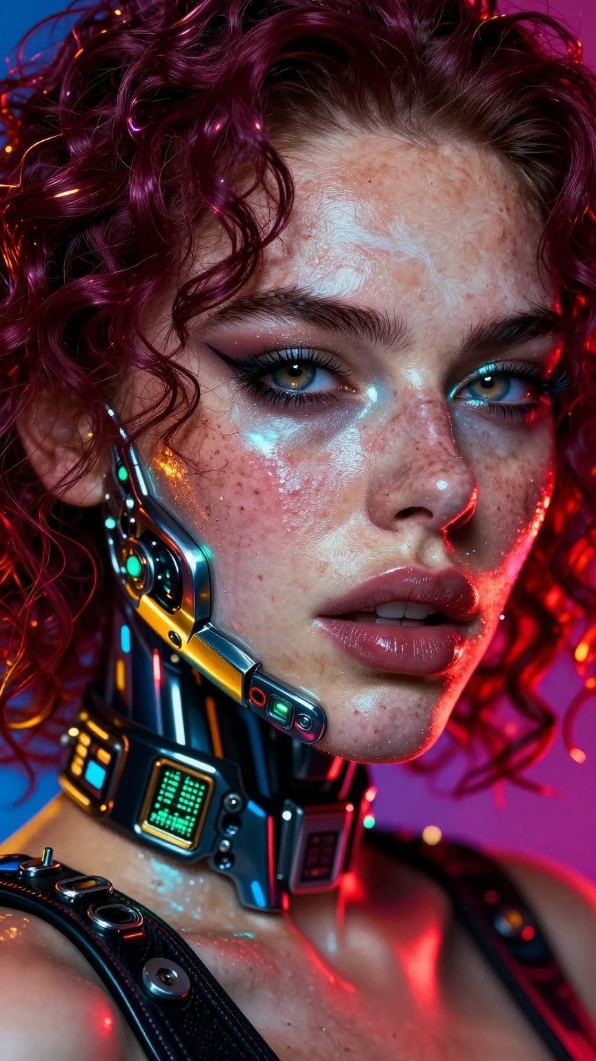 Hyper-detailed extreme close-up face shot of a gritty cyberpunk cyborg seductress,  vibrant explosive color scheme with el...
