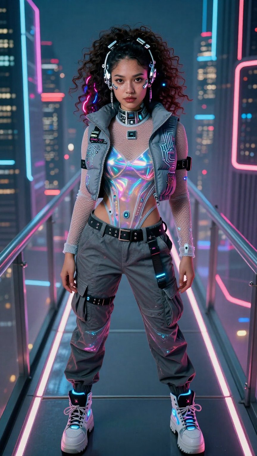 Three-quarter full body portrait of a hyper-realistic beautiful cyberpunk woman in her mid-20s on a glowing skybridge conn...