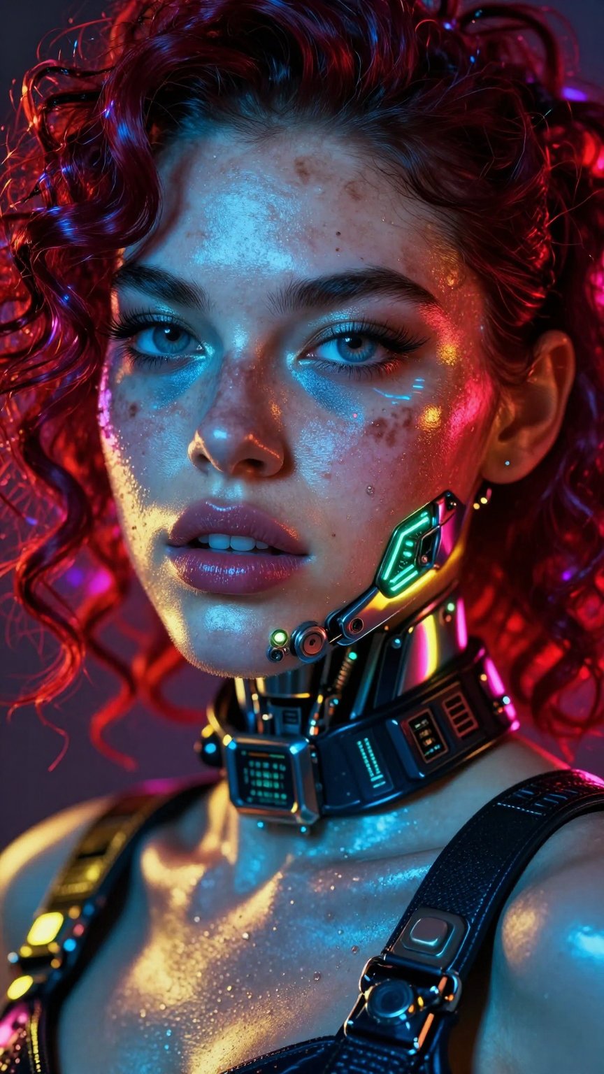 Hyper-detailed extreme close-up face shot of a gritty cyberpunk cyborg seductress,  vibrant explosive color scheme with el...