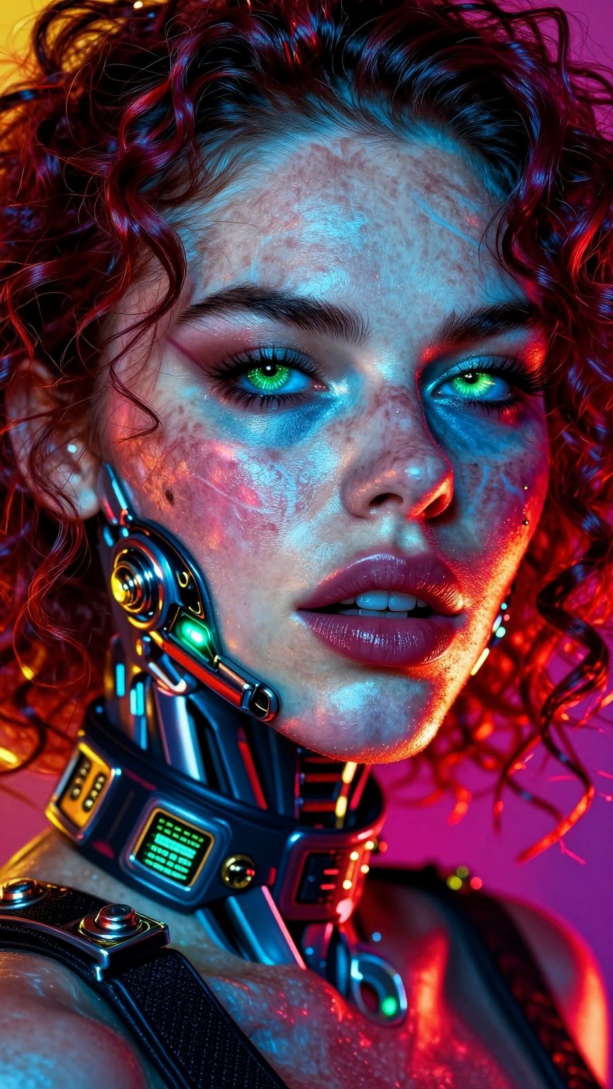 Hyper-detailed extreme close-up face shot of a gritty cyberpunk cyborg seductress,  vibrant explosive color scheme with el...