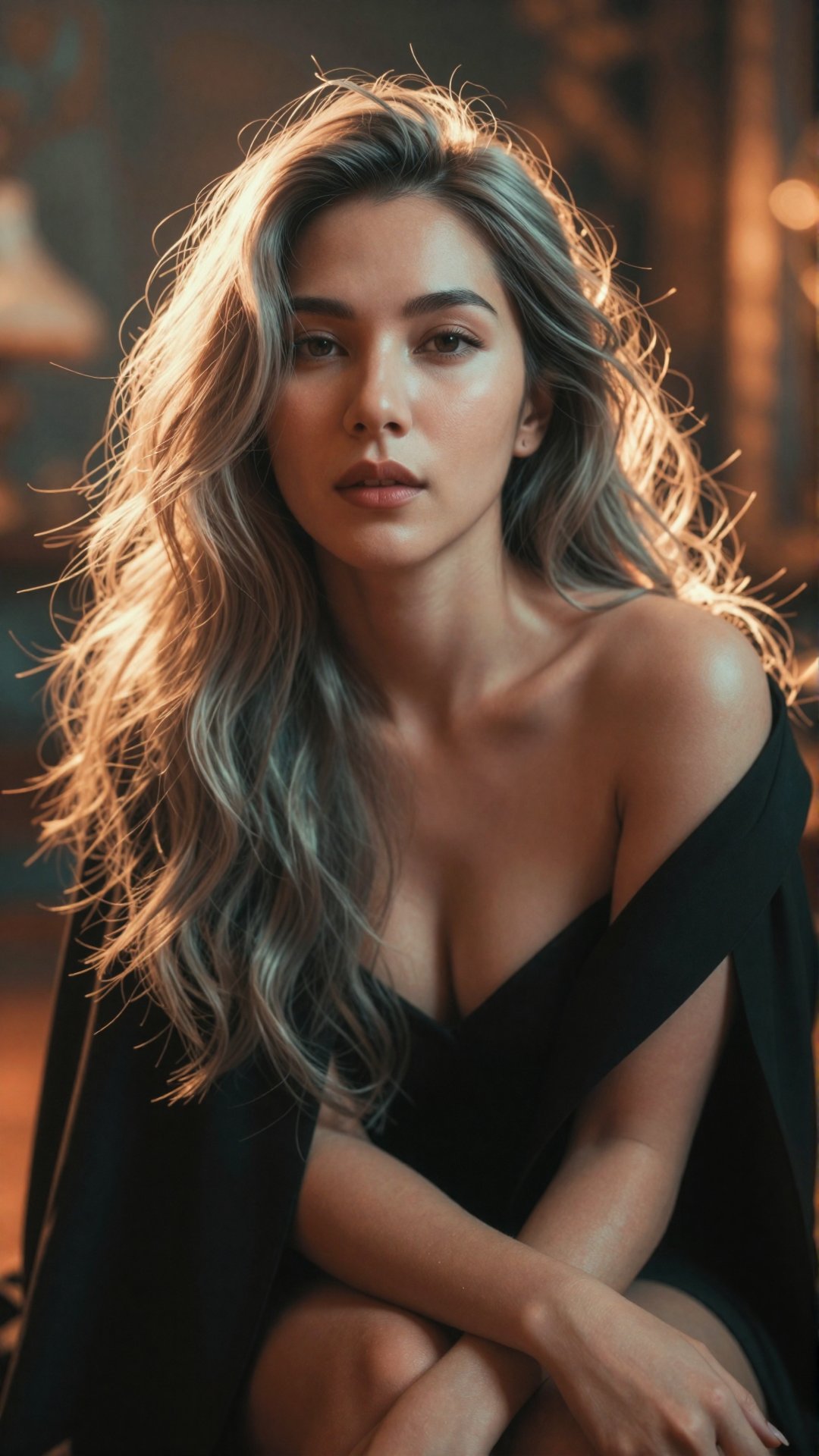 A hyper-realistic low angle portrait of a gorgeous Asian woman with long ash blonde messy hair. She is wearing a black out...