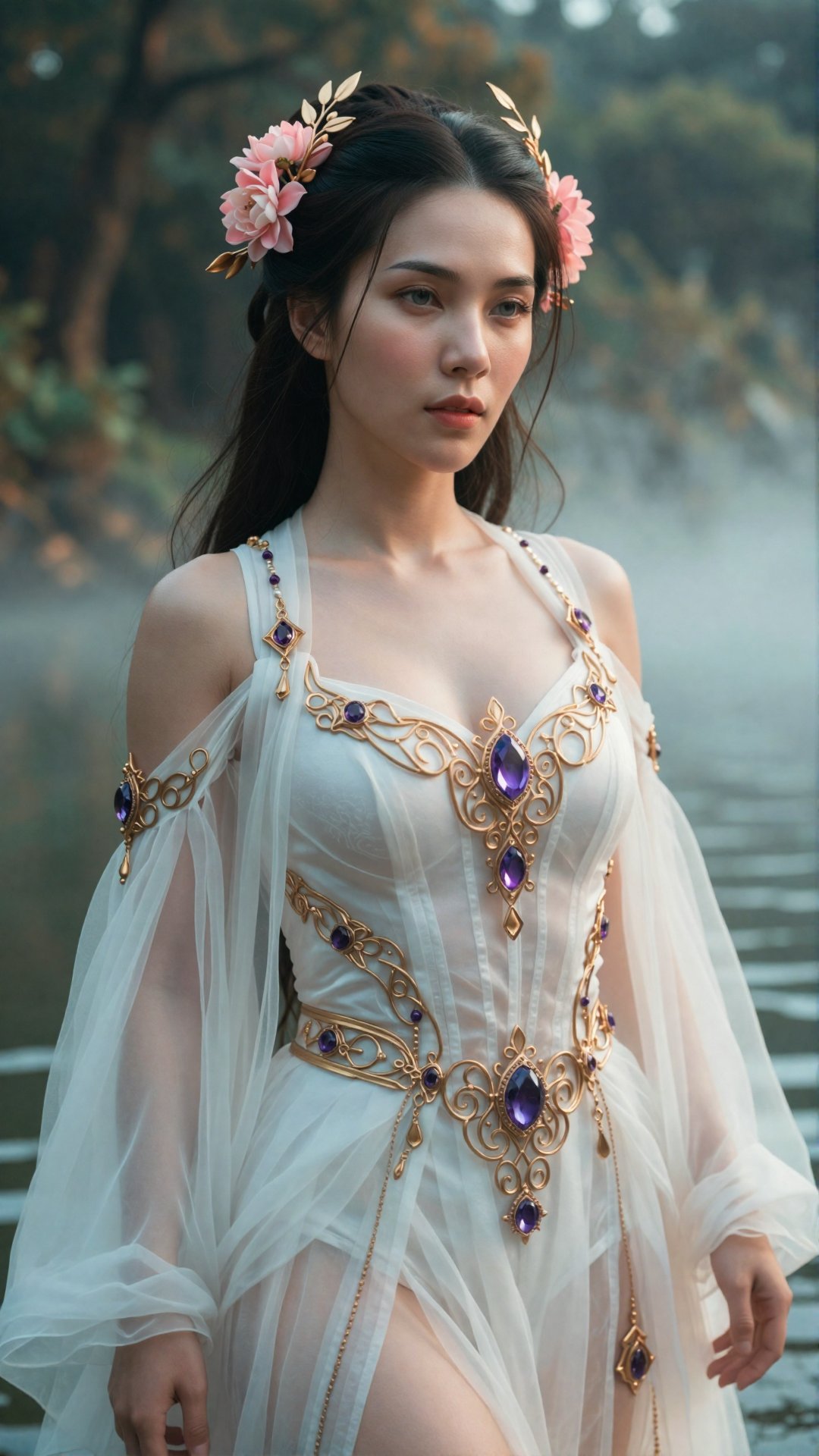 A hyper-realistic low angle portrait of a breathtaking Asian fantasy goddess standing in a misty lake. She is wearing a de...