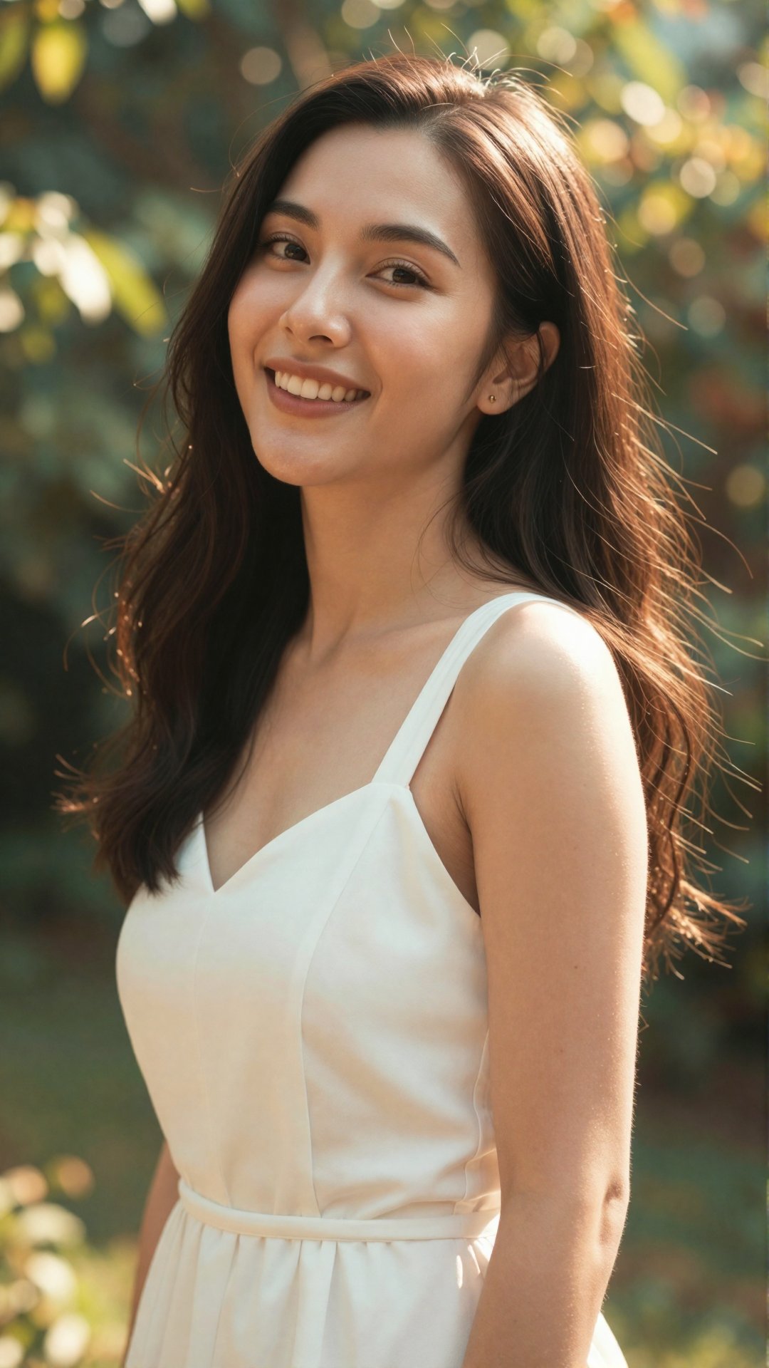Prompt: A hyper-realistic professional outdoor portrait,  low-angle shot from chest-level looking up. A beautiful young Ea...