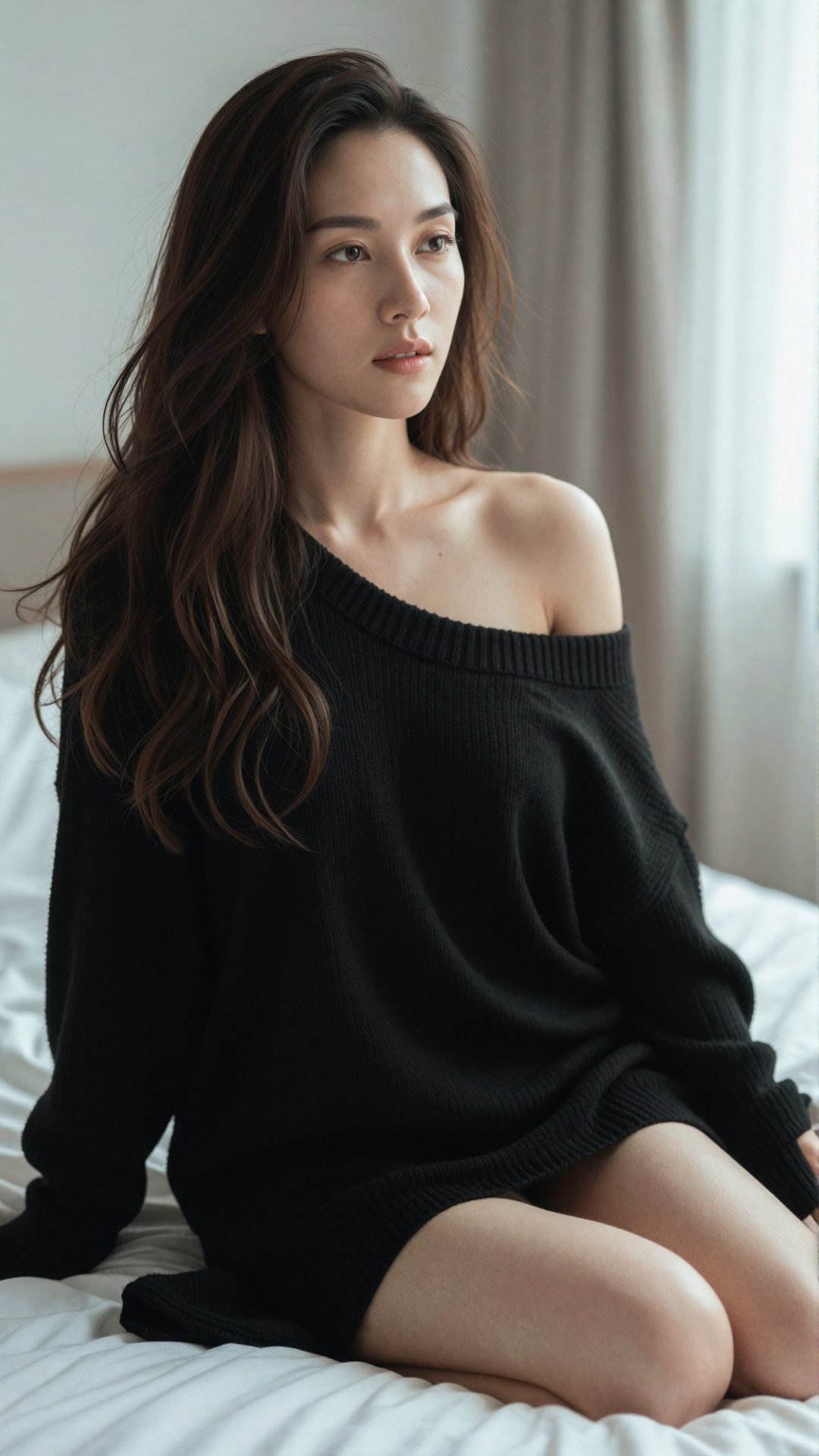 Prompt: Hyper-realistic lifestyle photography of a graceful East Asian woman sitting on a white bed. She is wearing an ove...