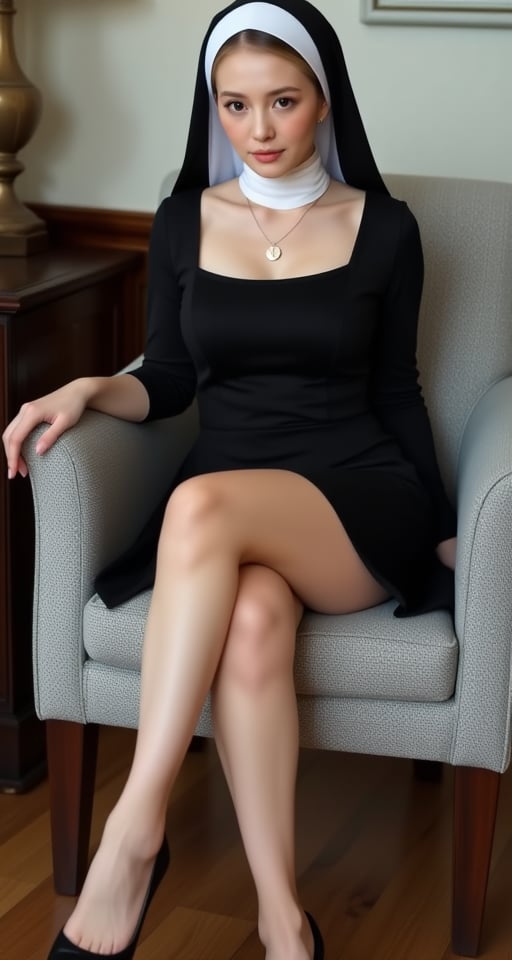 Create a realistic dynamic poses,  dynamic angles image of a 1girl solo looking at viewer nun's clothing dress jewelry sit...