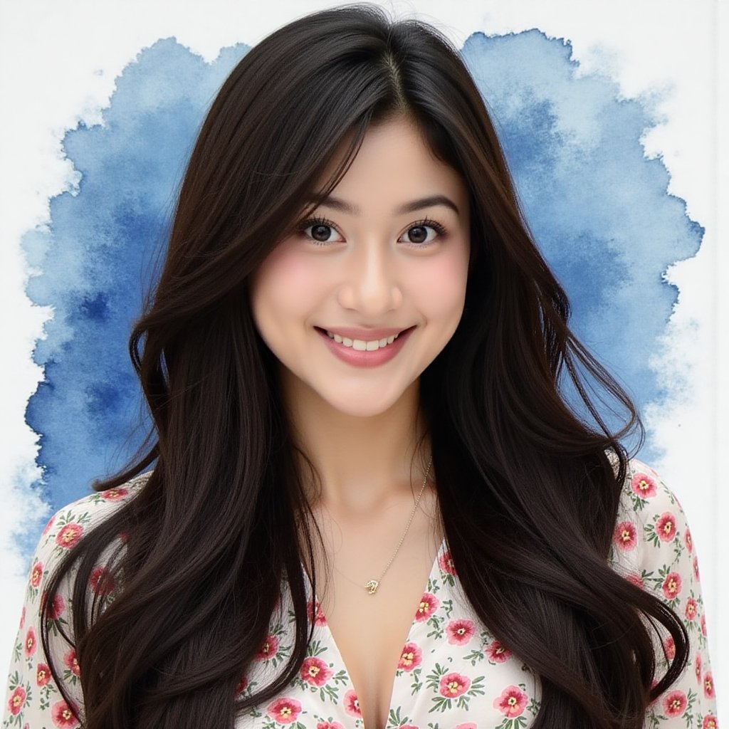Full long shot a portrait,  stunning Asian woman long voluminous black hair,  small flora and blouse pattern by jusTomat o...