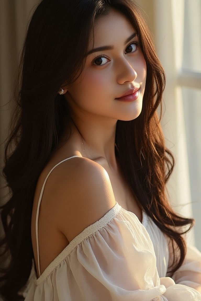 A stunning 20-year-old beautiful woman close-up within the frame,  radiant with elegance. Backlit by warm sunlight,  looki...