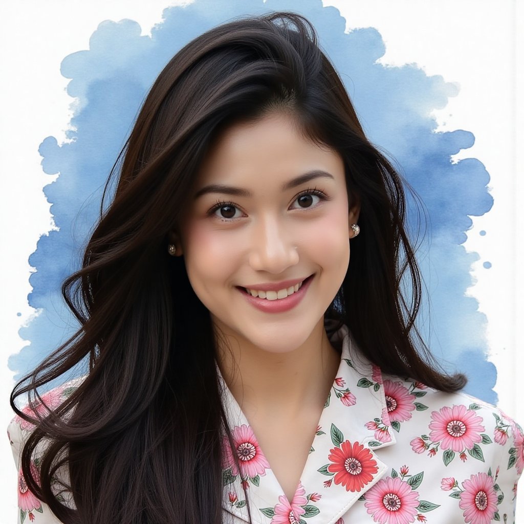 Full long shot a portrait,  stunning Asian woman long voluminous black hair,  small flora and blouse pattern by jusTomat o...