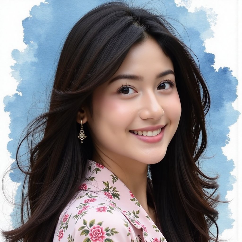 Full long shot a portrait,  stunning Asian woman long voluminous black hair,  small flora and blouse pattern by jusTomat o...