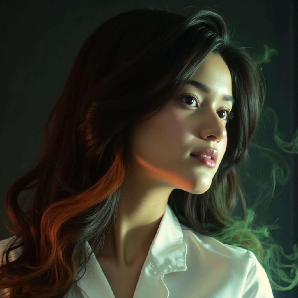 This image is an evocative,  high-definition picture of a breathtaking beautiful model captured in a low-light background....