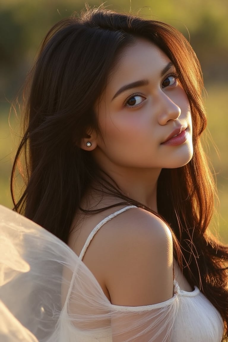 A stunning 20-year-old beautiful woman close-up within the frame,  radiant with elegance. Backlit by warm sunlight,  looki...