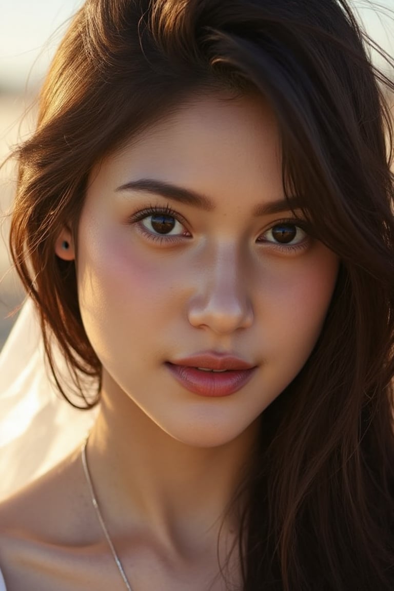 A stunning 20-year-old beautiful woman close-up within the frame,  radiant with elegance. Backlit by warm sunlight,  looki...