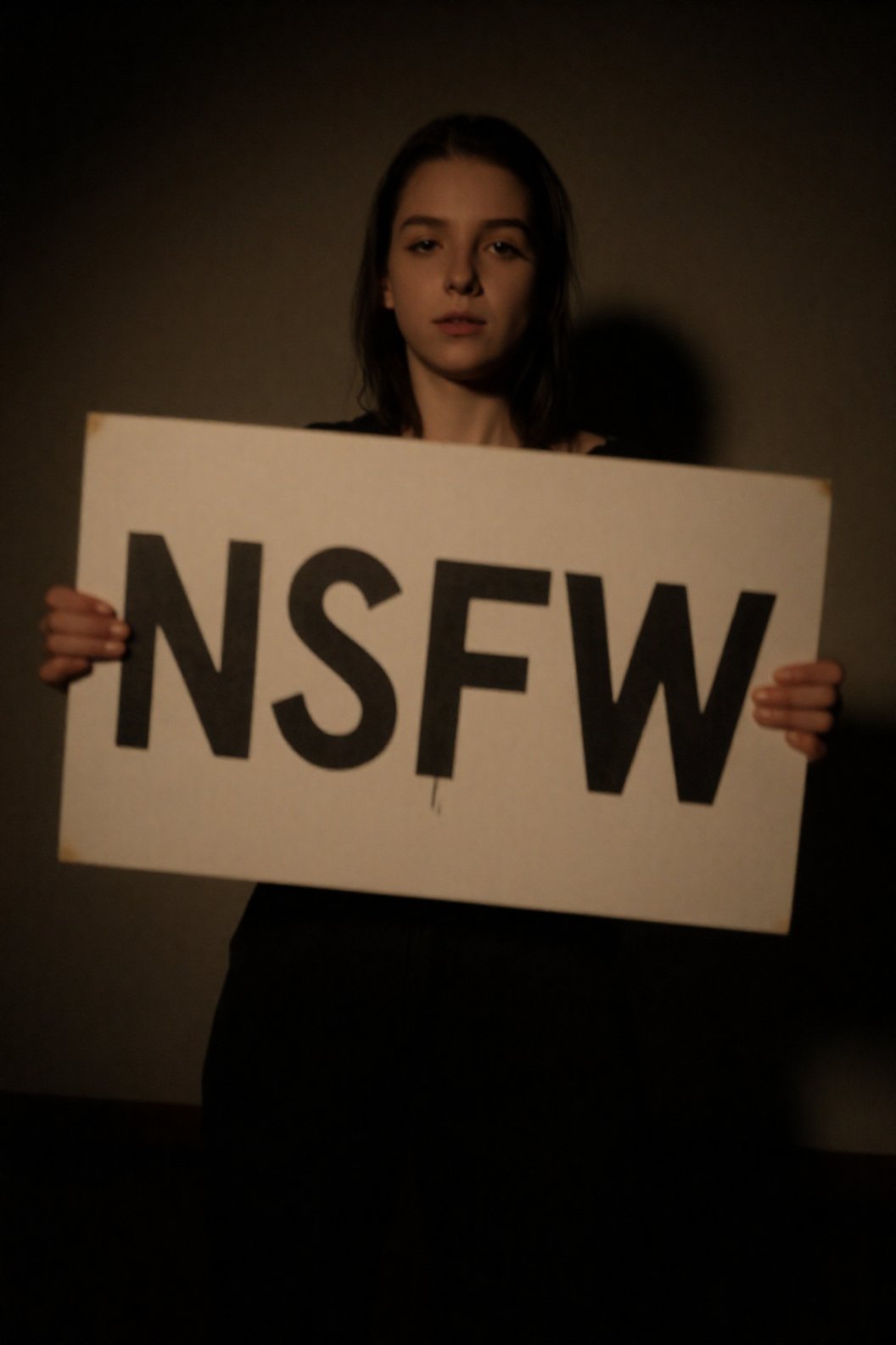 A girl standing in a dimly lit room,  holding a wooden board with the text "NSFW" prominently displayed in bold,  eye-catc...