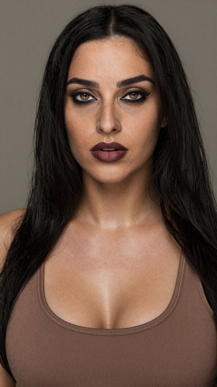 A medium shot image of a woman with a detailed face. Her long hair cascades down her back,  framing her face. She has perf...