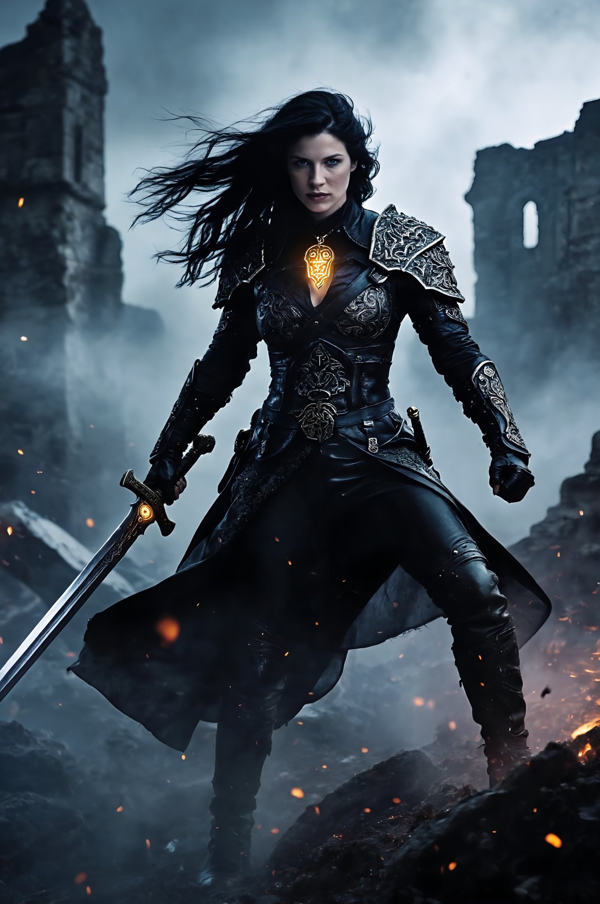 SUBJECT: woC4F3,  black hair flowing freely,  intense battle-ready expression CLOTHING: dark leather and metal armor with...