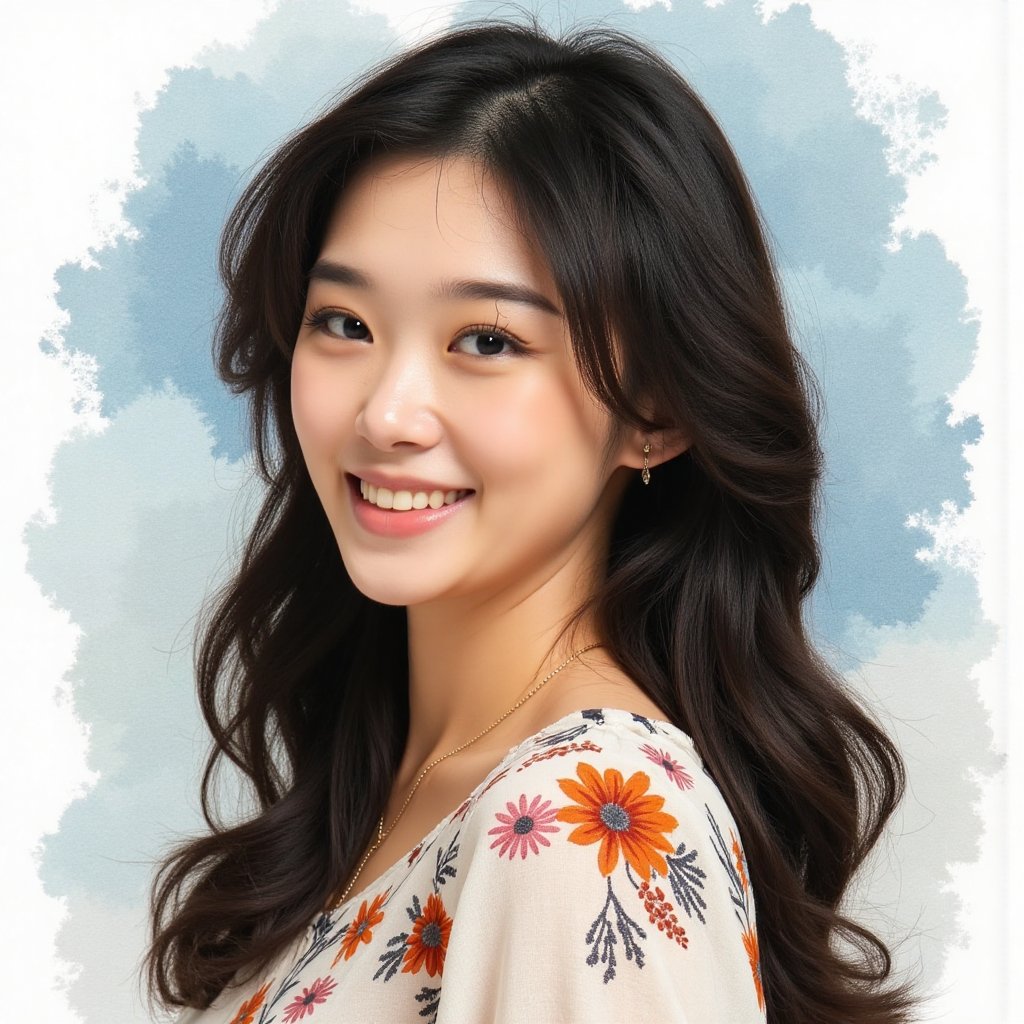 Full long shot a portrait,  stunning Asian woman long voluminous black hair,  small flora and blouse pattern by jusTomat o...