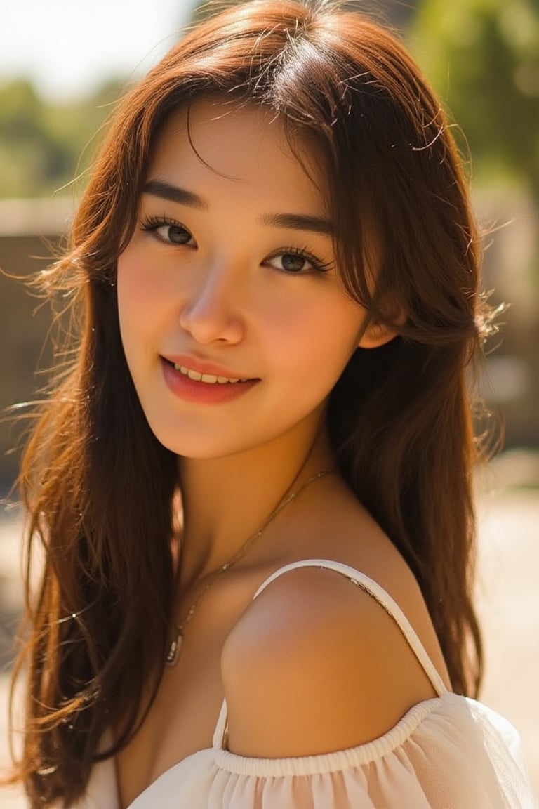 A stunning 20-year-old beautiful woman close-up within the frame,  radiant with elegance. Backlit by warm sunlight,  looki...