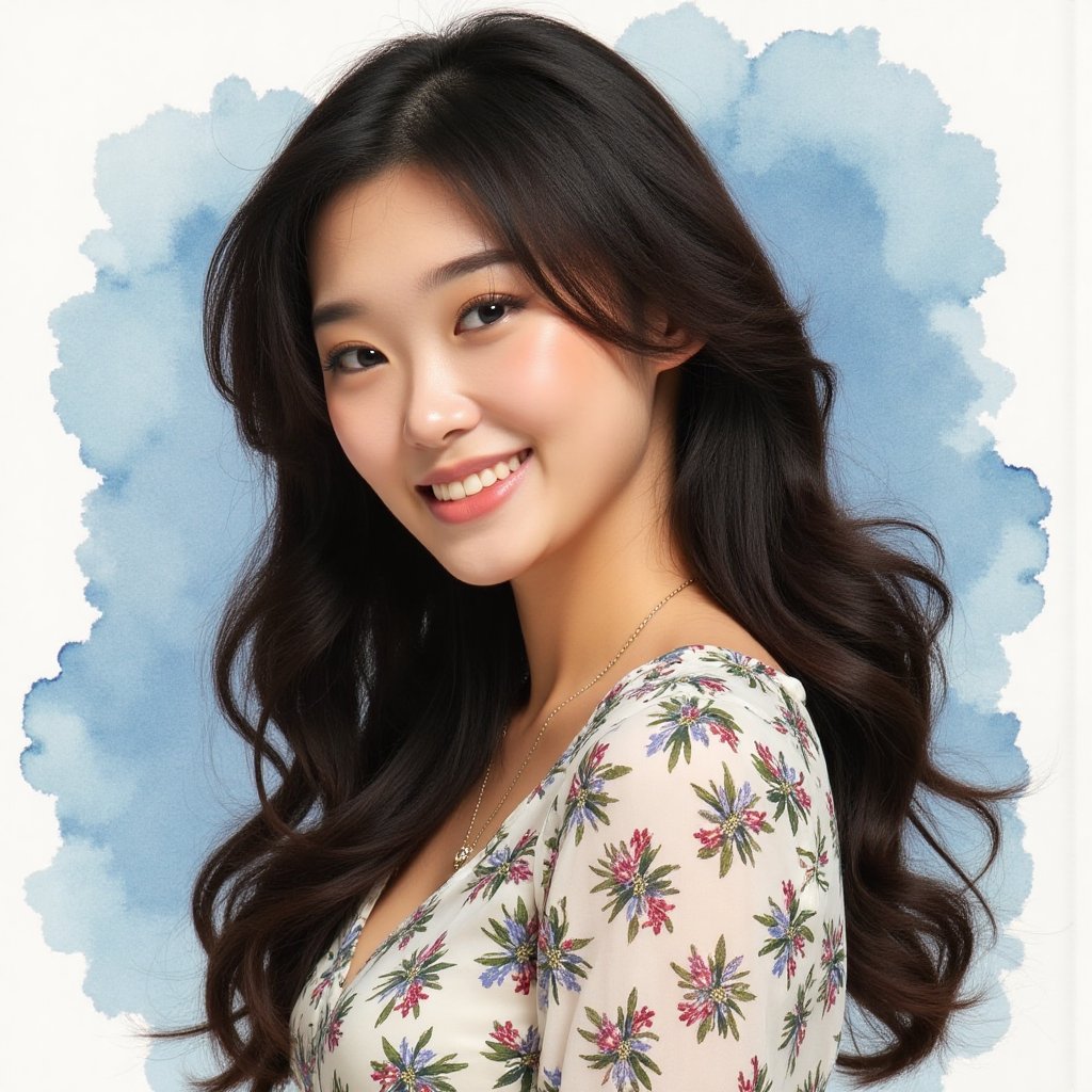 Full long shot a portrait,  stunning Asian woman long voluminous black hair,  small flora and blouse pattern by jusTomat o...