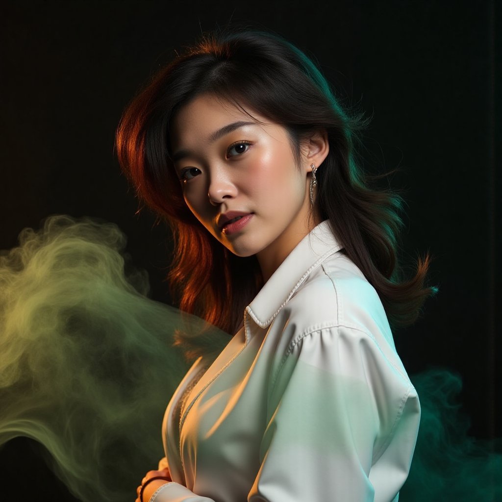 This image is an evocative,  high-definition picture of a breathtaking beautiful model captured in a low-light background....