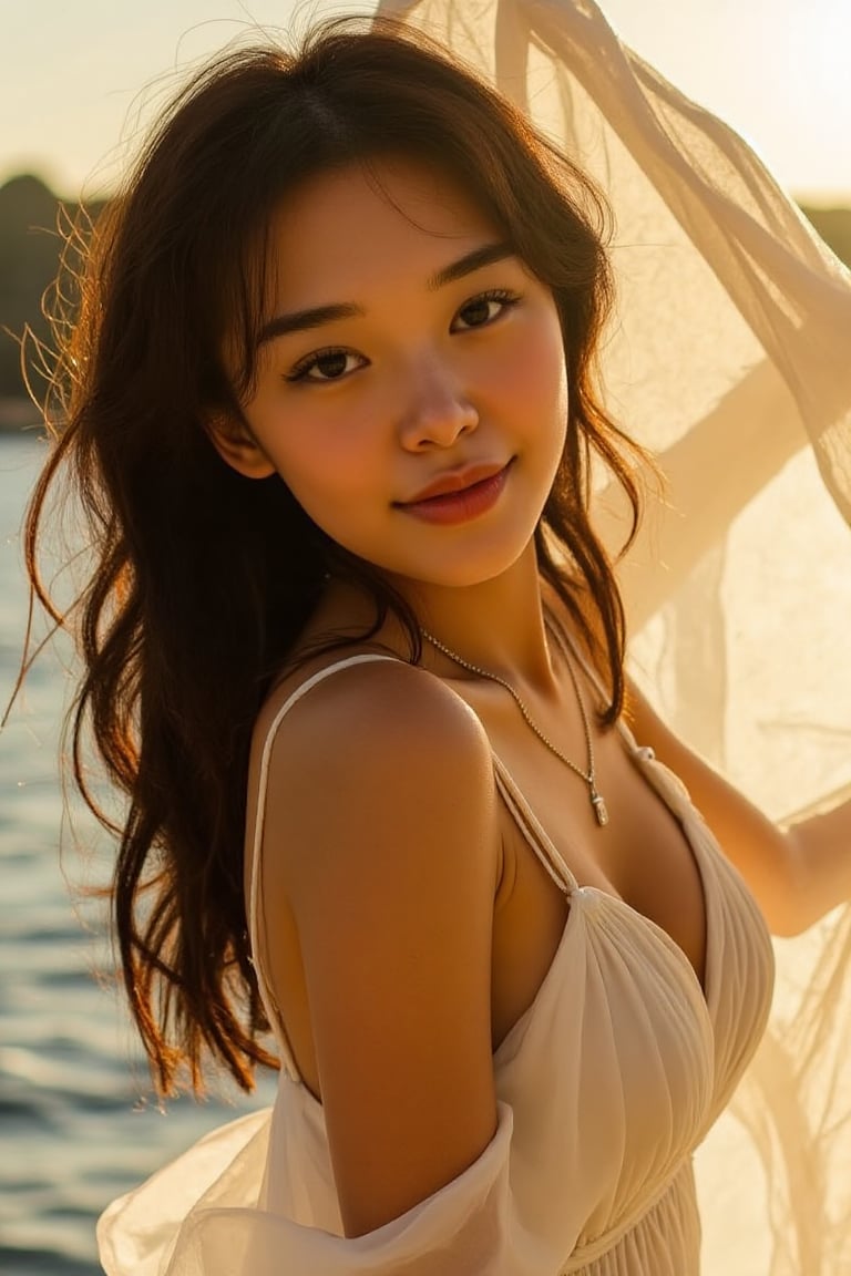 A stunning 20-year-old beautiful woman close-up within the frame,  radiant with elegance. Backlit by warm sunlight,  looki...