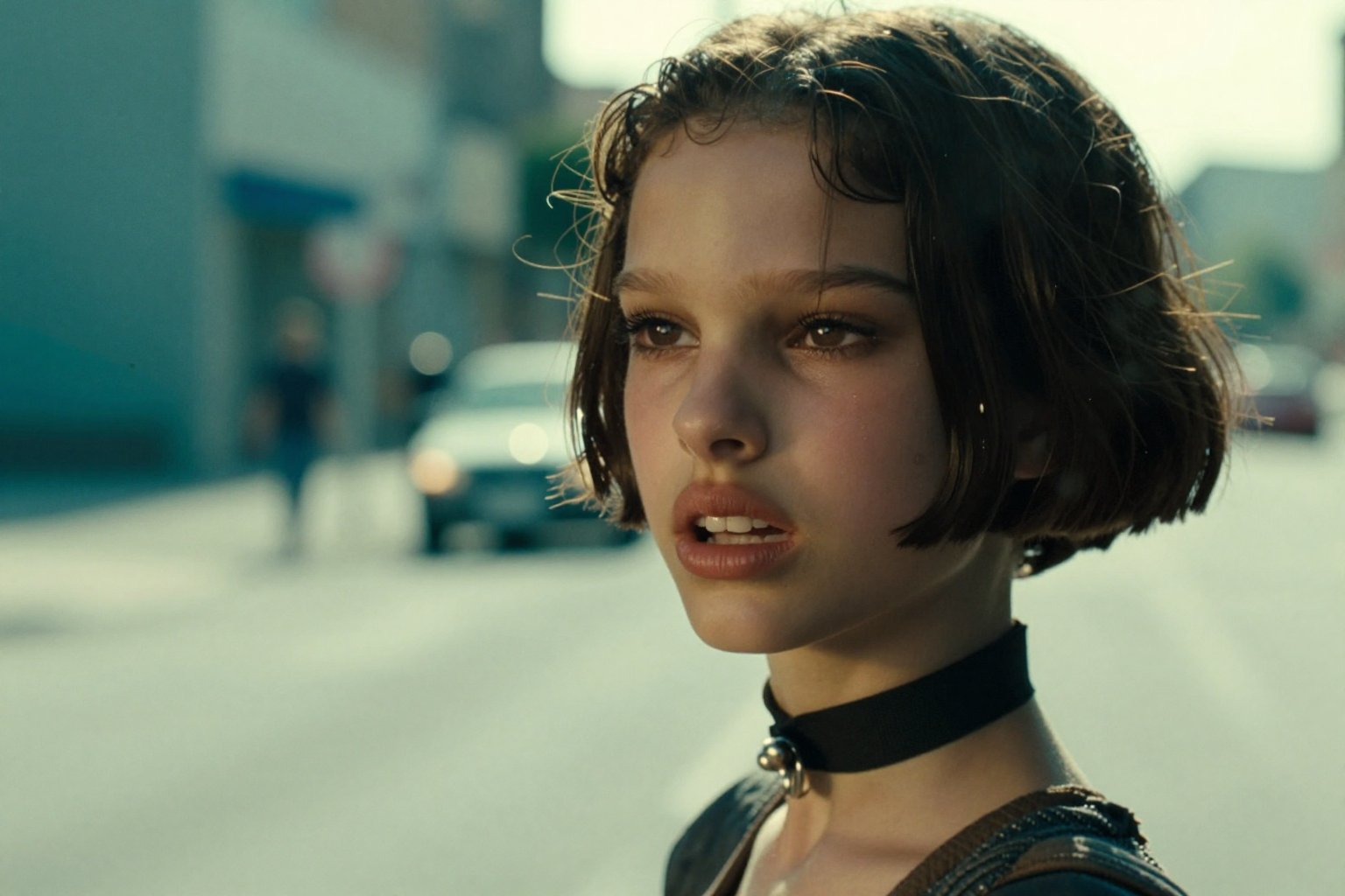 Create a cinematic scene featuring Su4kaMathilda,  the girl with short hair,  wearing a choker. by Namian on Tensor.Art