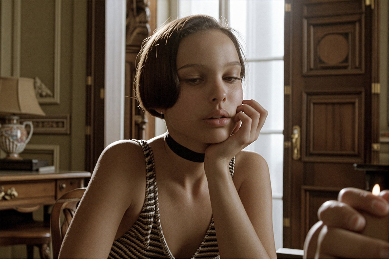 Create a cinematic scene featuring Su4kaMathilda,  the girl with short hair,  wearing a choker. by Namian on Tensor.Art
