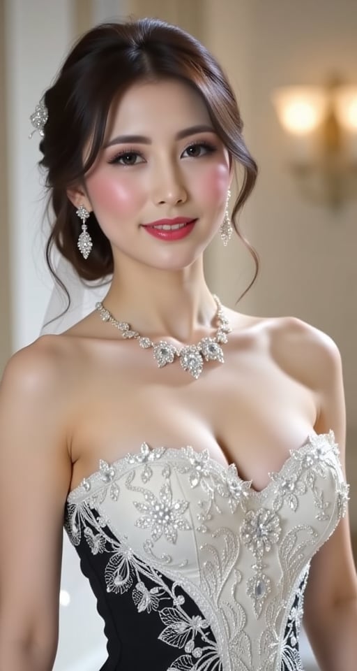 A high-resolution,  ultra-detailed image of 1girl solo breasts looking at viewer smile black hair dress cleavage bare shou...