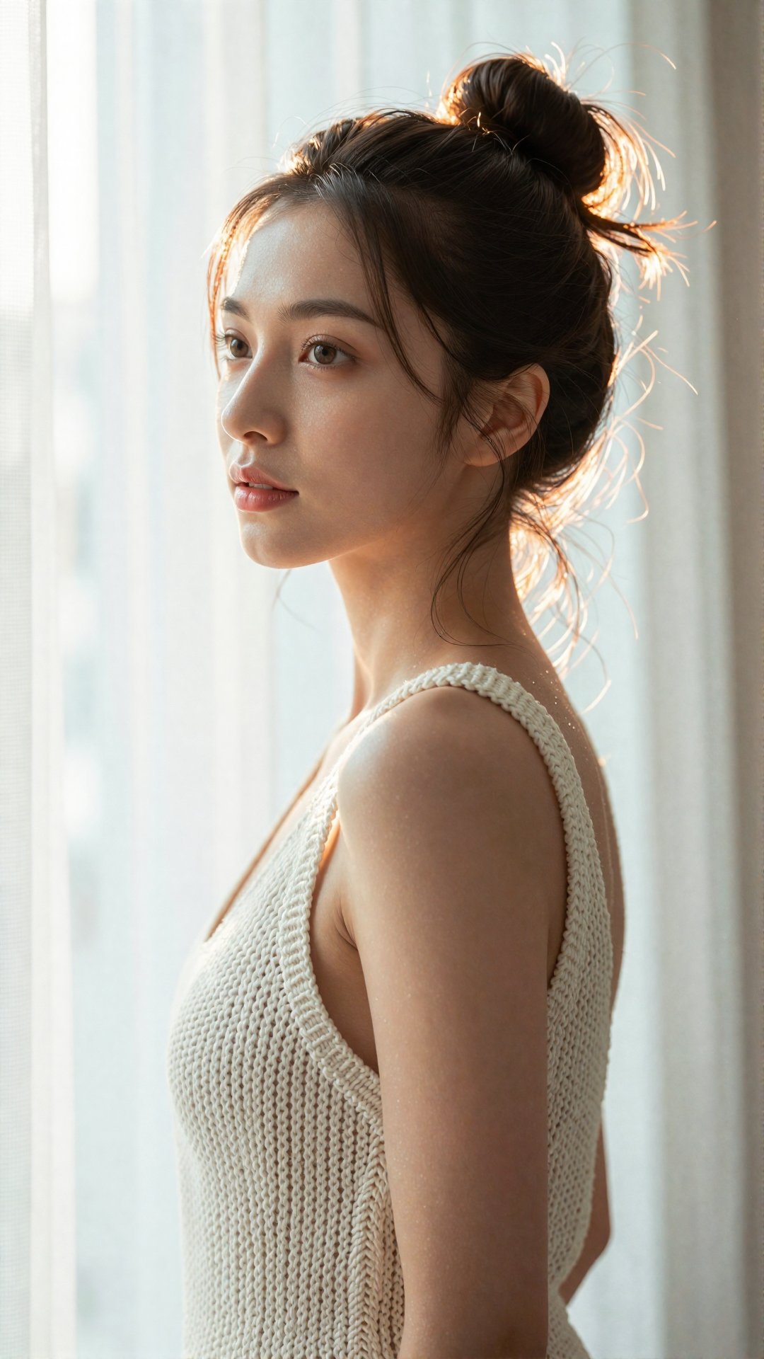 A hyper-realistic RAW photo of a beautiful young Japanese woman with her hair in a loose high bun and wispy strands. She i...