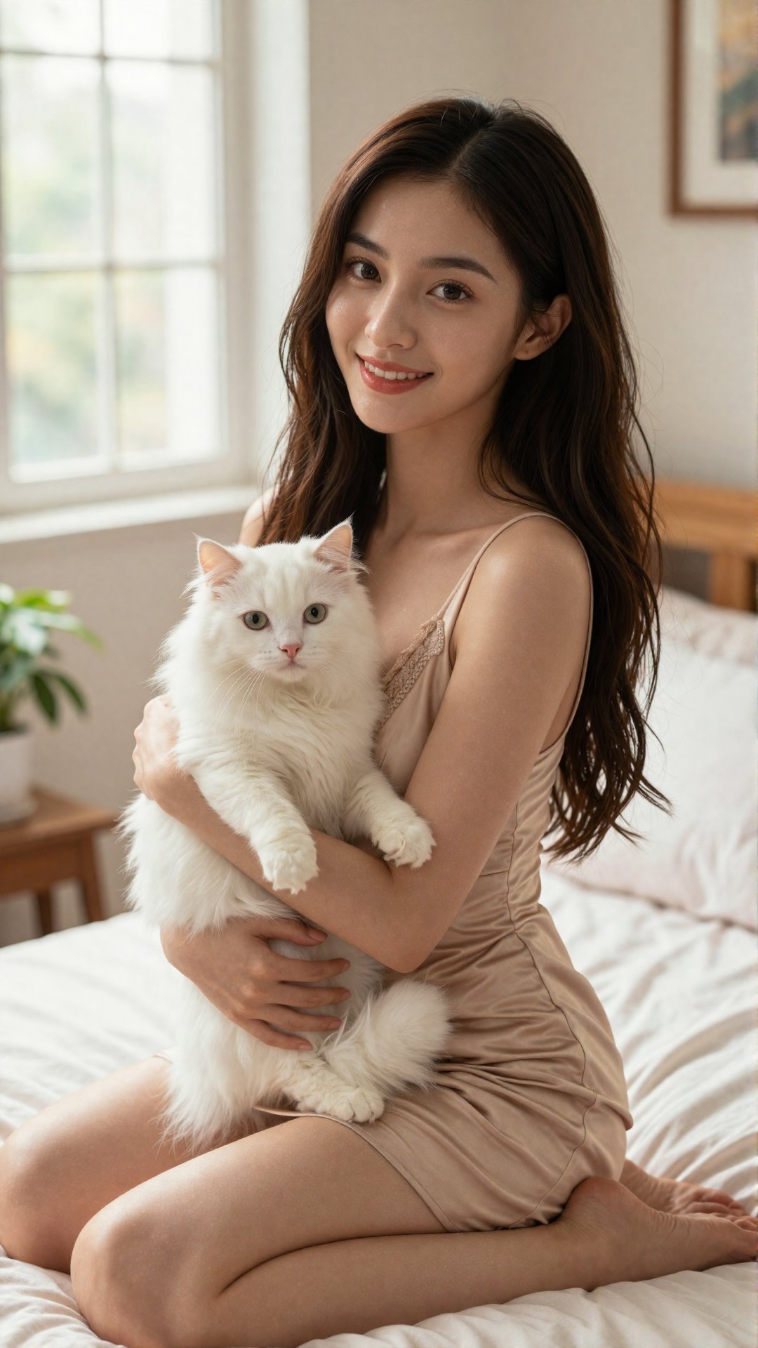 A most beautiful east asian girl in a seductive dress.sitting eleganty on her bed with a smile and white Persian cat in he...