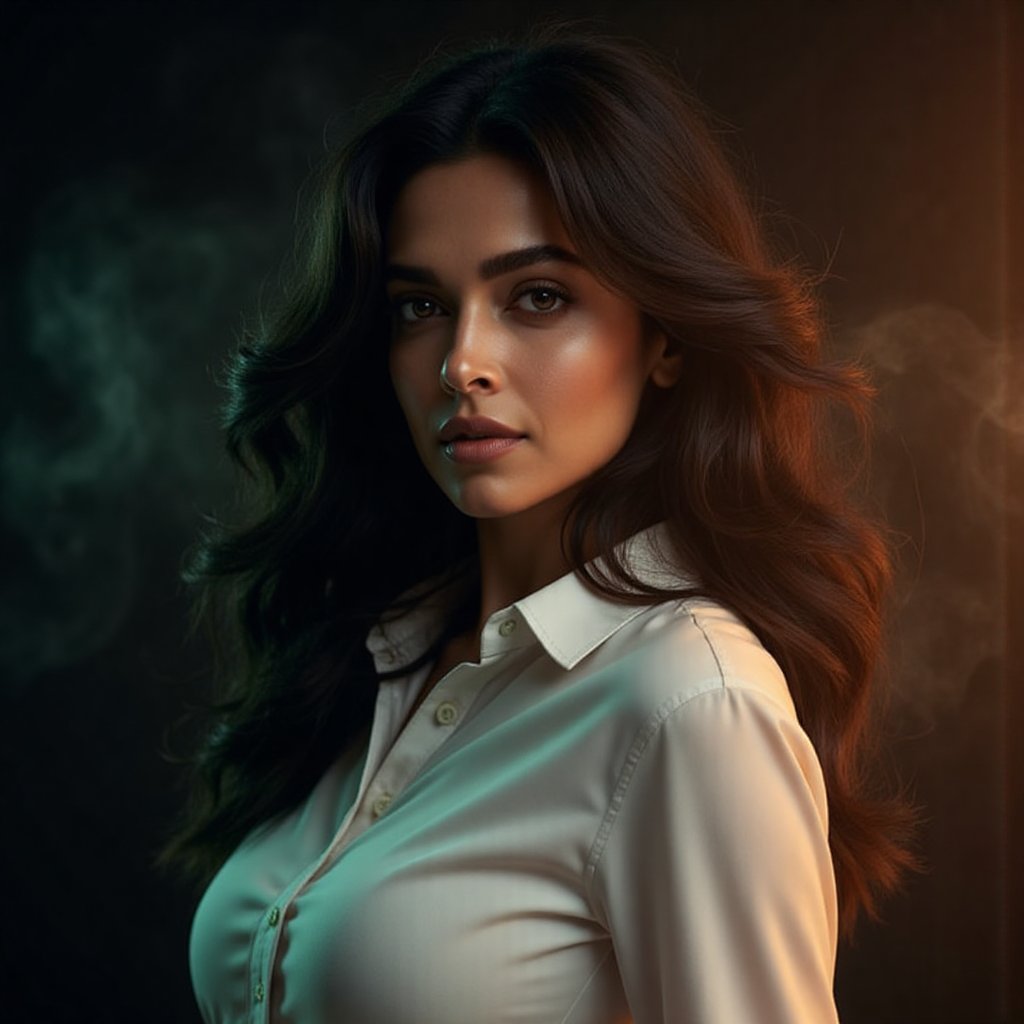 This image is an evocative,  high-definition picture of a breathtaking beautiful model captured in a low-light background....