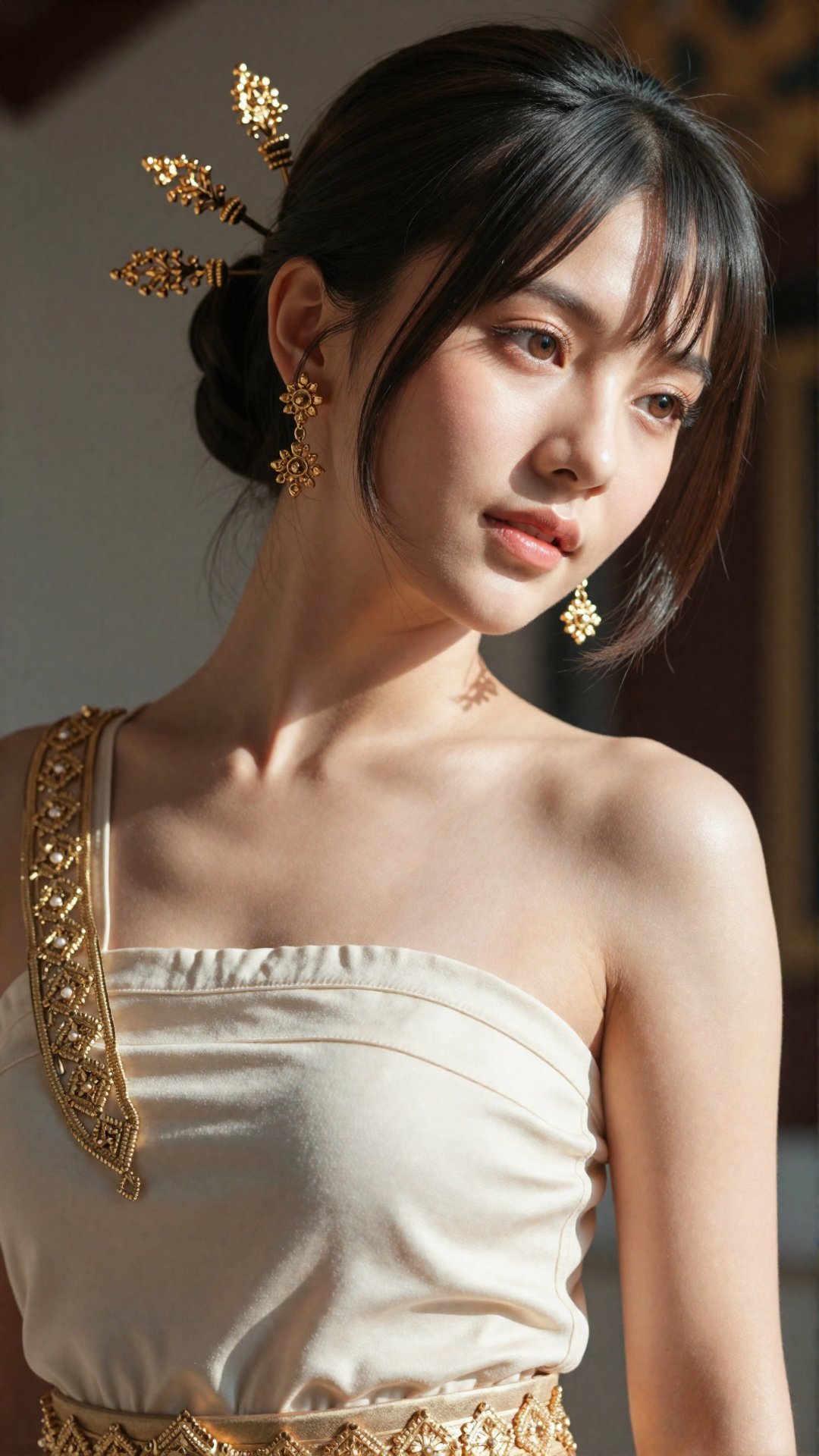"Hyper-realistic portrait of a delicate East Asian woman,  extreme low-angle POV shot looking up at her face. She is weari...
