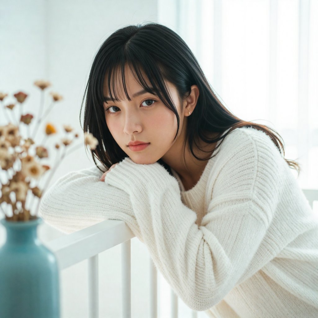 Prompt: Hyper-realistic high-key portrait of a beautiful young Asian woman wearing a fuzzy white mohair sweater. Long blac...