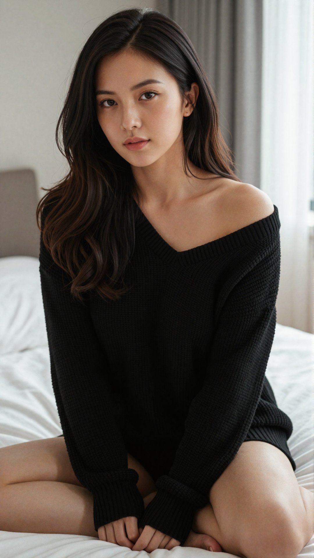 Prompt: Hyper-realistic lifestyle photography of a graceful East Asian woman sitting on a white bed. She is wearing an ove...