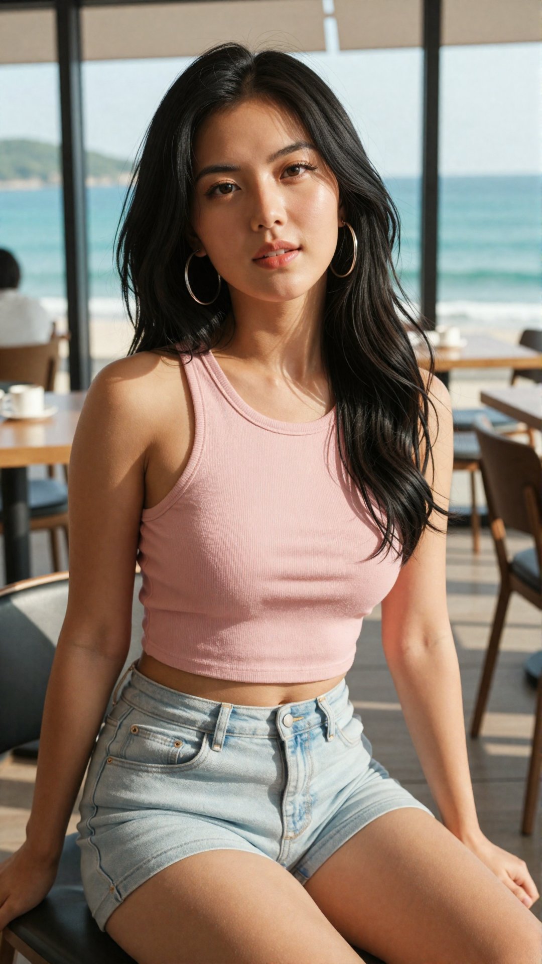 Prompt: A hyper-realistic lifestyle photograph of a stunning East Asian woman sitting in a seaside cafe. She is wearing a...