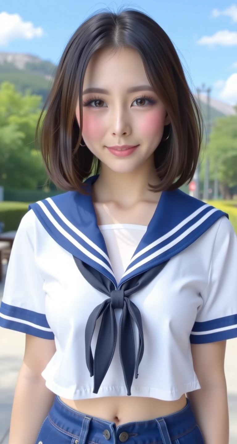 1girl solo shy smile medium hair navel school uniform serafuku midriff gym uniform buruma blue buruma realistic style,  @k...