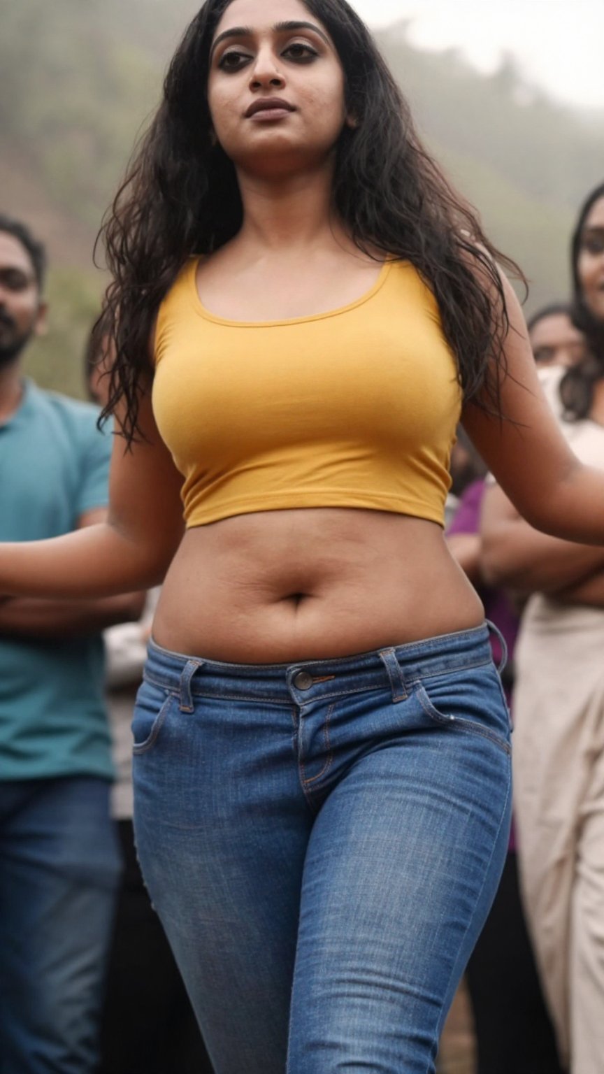 Cinematic mobile photo low angle pervert POV of tall South Asian woman,  fair skin,  very long wavy dark hair. Curvy busty...
