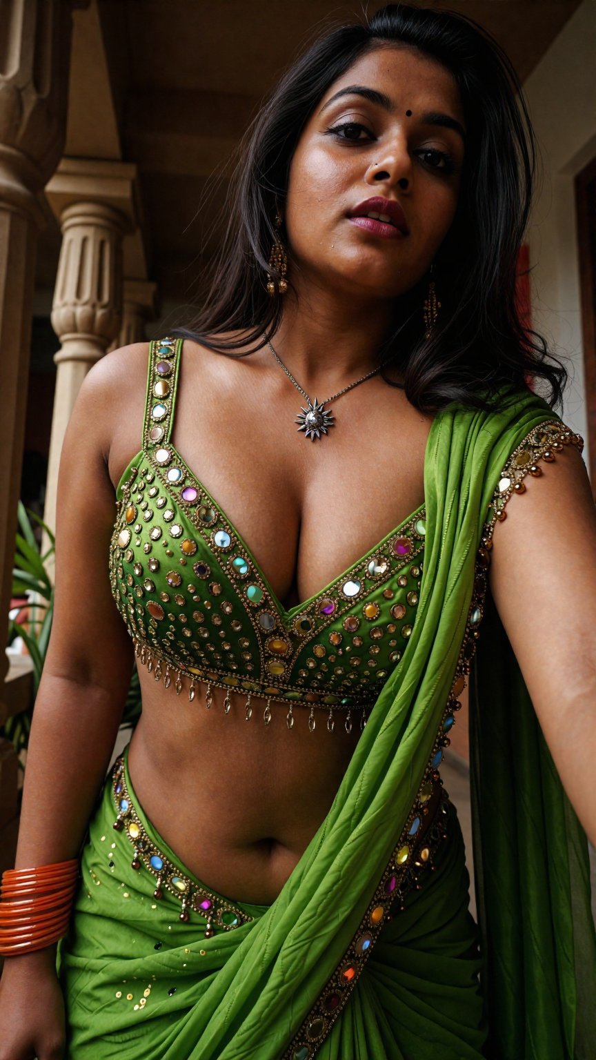 Cinematic photograph of a young South Asian woman with medium brown skin and dark shoulder-length hair,  powerful extreme...